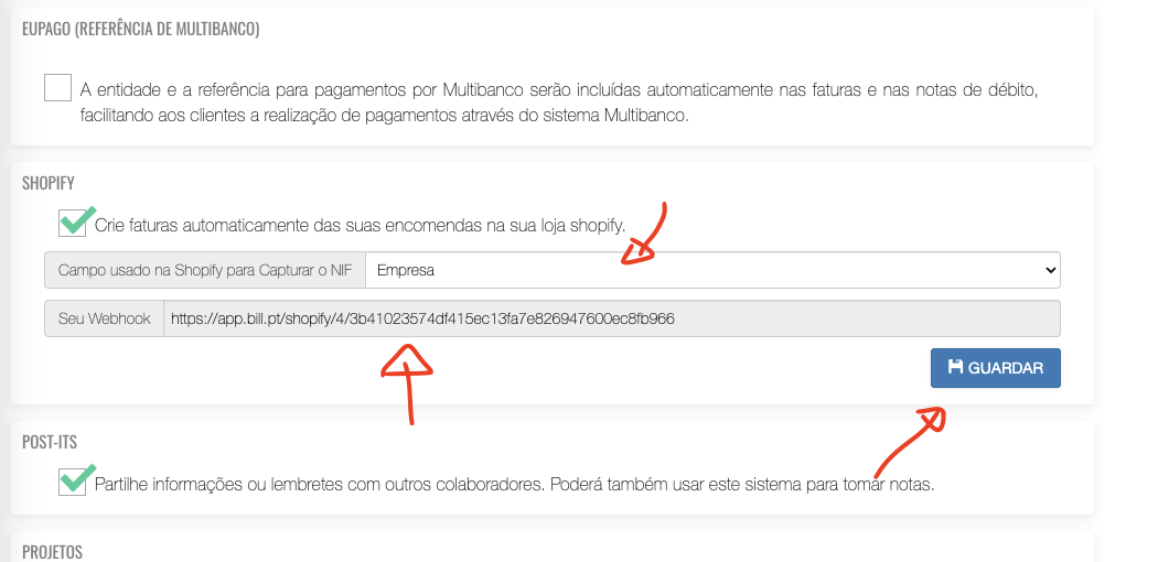 Definir campo NIF e copiar Webhook no bill.pt