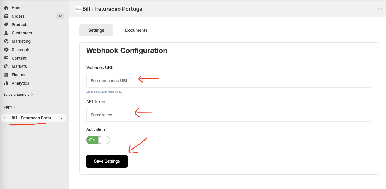 Instalar app bill.pt e abrir definições no Shopify