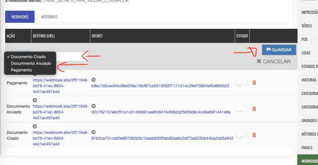 Escolher ação e destino do webhook